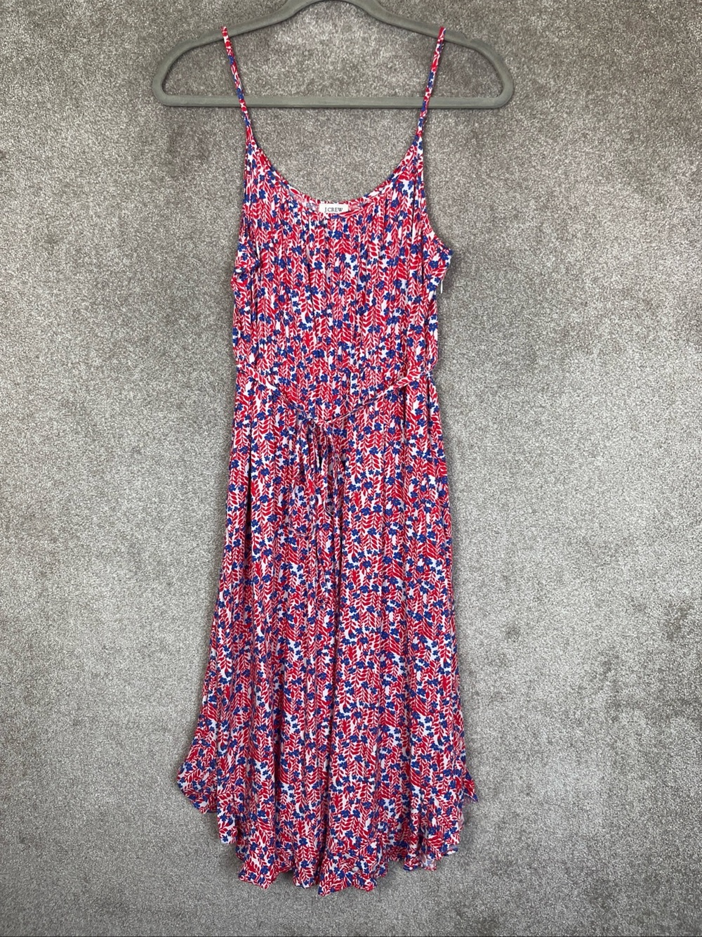 J Crew Dress Womens 6 Red Blue Floral Sleeveless Belted Ruffle Hem- 5154